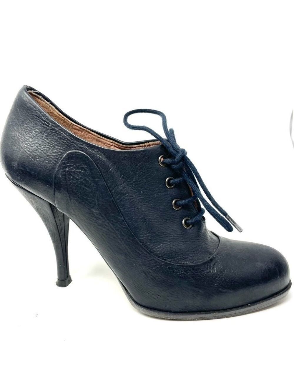 Pura Lopez Black Leather Lace Up Heels Size 38 Made in Spain